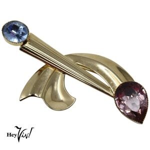 Vintage Art Deco Style Curved Pin Brooch Large Rhinestones Goldtone 3" - Hey Viv